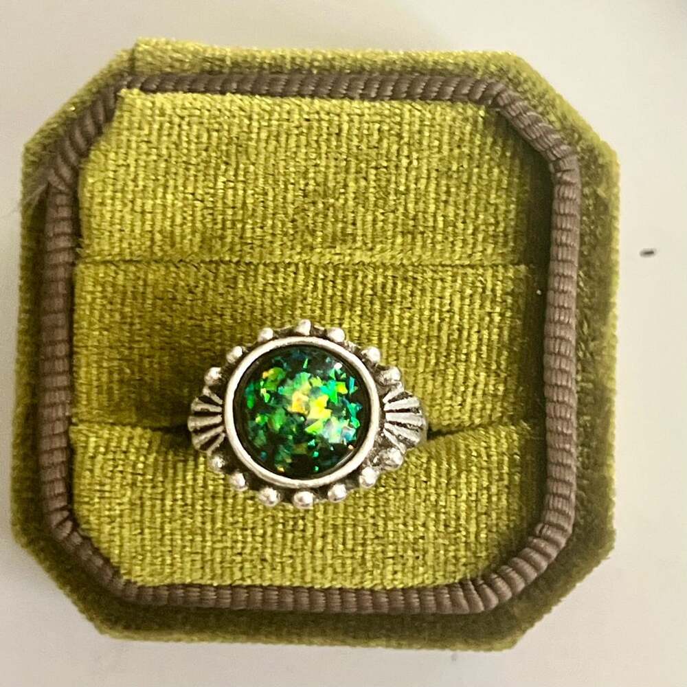 Simulated Green Opal Gemstone Titanium Steel Silver Ring Size 6